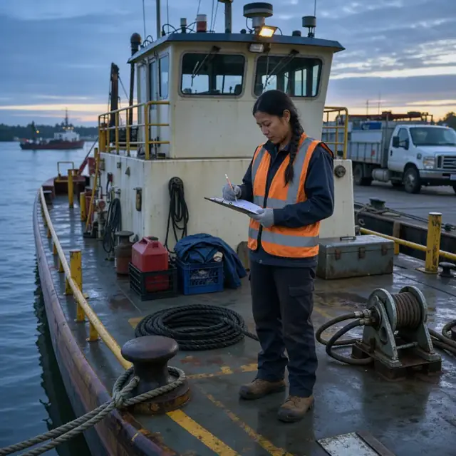 a worker wearing a safety vest reviewing a clipboard checklist while standing on the deck of a moored towboat at dawn