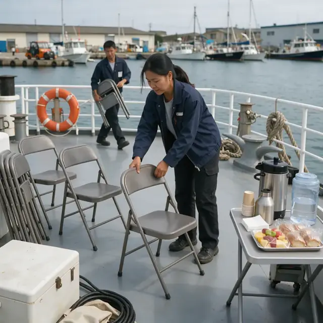 a crew member setting up folding chairs and a small table with refreshments on the open deck of a chartered passenger vessel