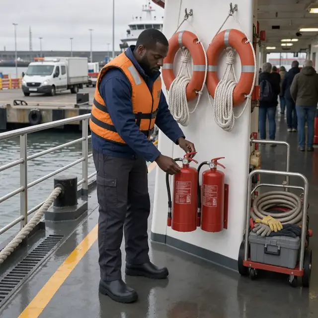 a worker in a life vest inspecting fire extinguishers and life rings on the deck of a passenger ferry tied to a dock