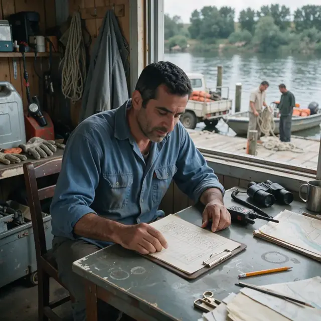 a wooden dock office desk with a clipboard of passenger manifests next to a radio and binoculars overlooking calm river water