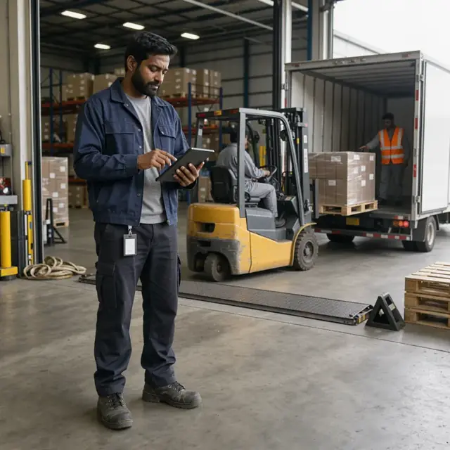 a warehouse supervisor on a loading dock reviewing a tablet while a forklift places a pallet into the back of a waiting truck