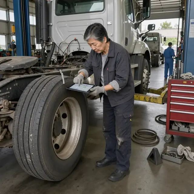a mechanic in a shop using a tablet to record tire tread depth on a semi tractor raised on a lift