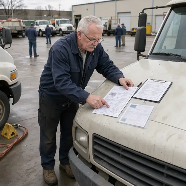 a worker checking expiration dates on vehicle registration and permit documents laid out on the hood of a semi tractor