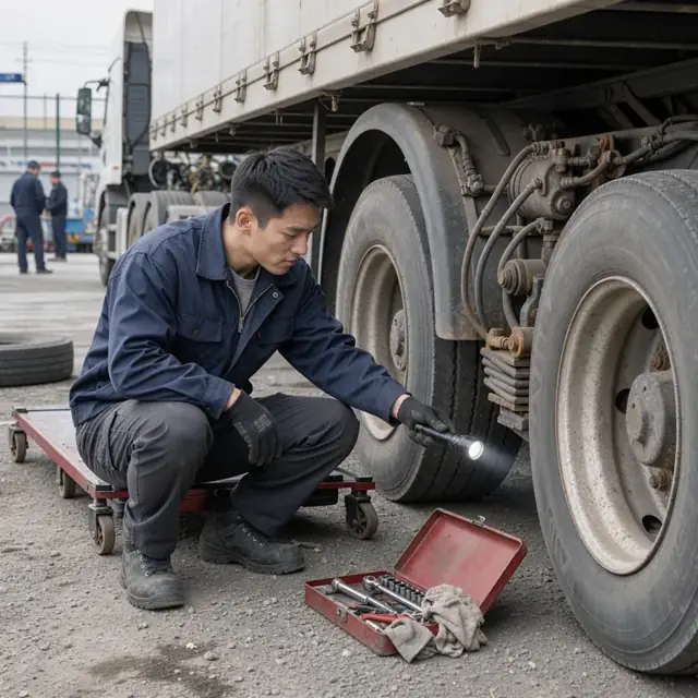 a mechanic performing a visual inspection on the undercarriage of a parked semi trailer in a fenced yard