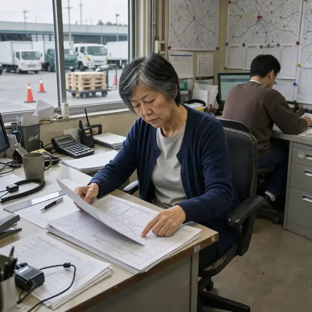 a dispatcher at a desk reviewing paper load boards and route maps pinned to the wall