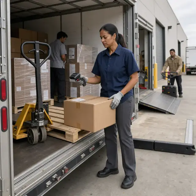 a worker holding a handheld scanner while standing at the rear of a trailer during unloading at a customer dock