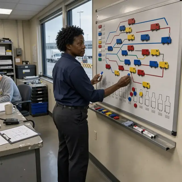 a worker standing in front of a large operations board with movable markers representing trucks and routes in a terminal office