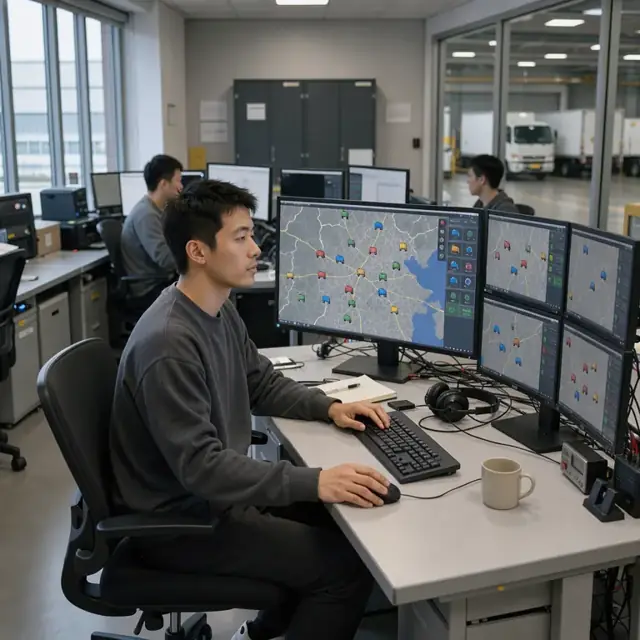 a worker monitoring multiple screens displaying truck locations on a national map inside an operations center