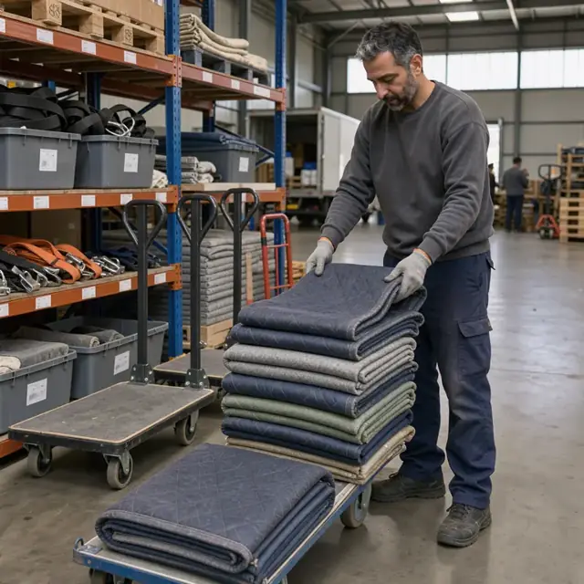 a worker folding and stacking heavy quilted moving blankets inside a warehouse rack next to labeled bins of straps and dollies