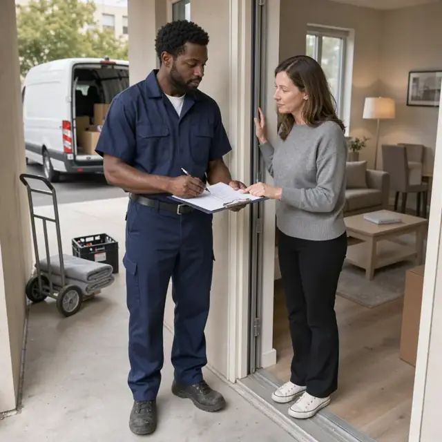 a worker in a company uniform reviewing a completed inventory list with a customer at the entrance of a newly furnished apartment