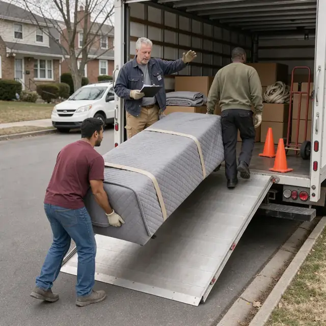 a worker standing at the back of an open moving truck checking a clipboard while directing two helpers carrying a wrapped sofa up a ramp