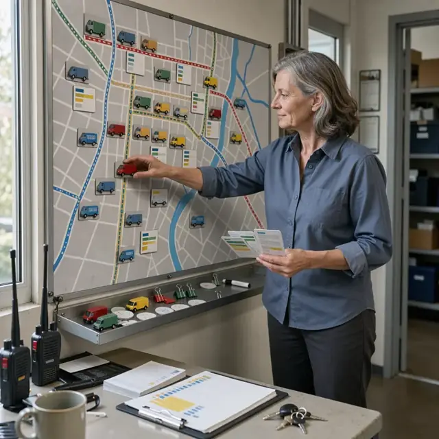 a worker standing at a large magnetic dispatch board placing vehicle icons and load cards along city streets on a wall map