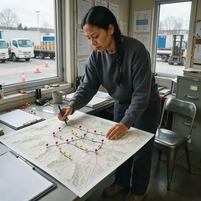 a planner marking routes on a large wall map with colored pins showing current truck locations and upcoming loads