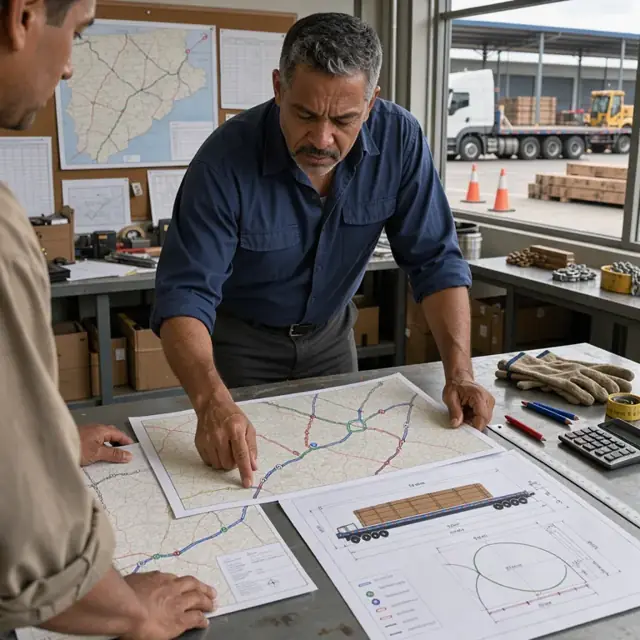 a logistics coordinator examining oversized load diagrams and state route maps spread across a large planning table