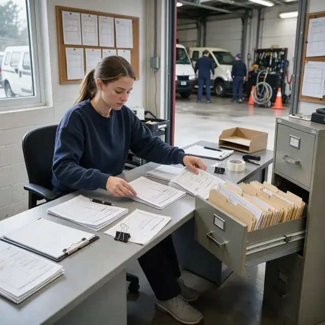 a worker organizing printed driver logs, vehicle inspection forms and permit documents on a desk with an open filing cabinet