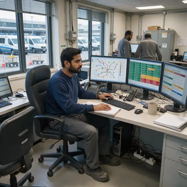 a worker seated at a desk with multiple monitors displaying current route status updates and service bulletins