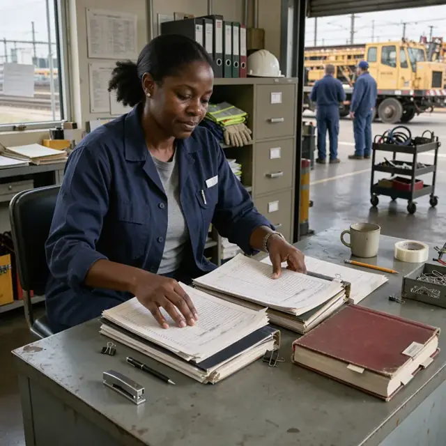 a clerk organizing stacks of printed inspection forms and logbooks on a desk beside a rail safety manual