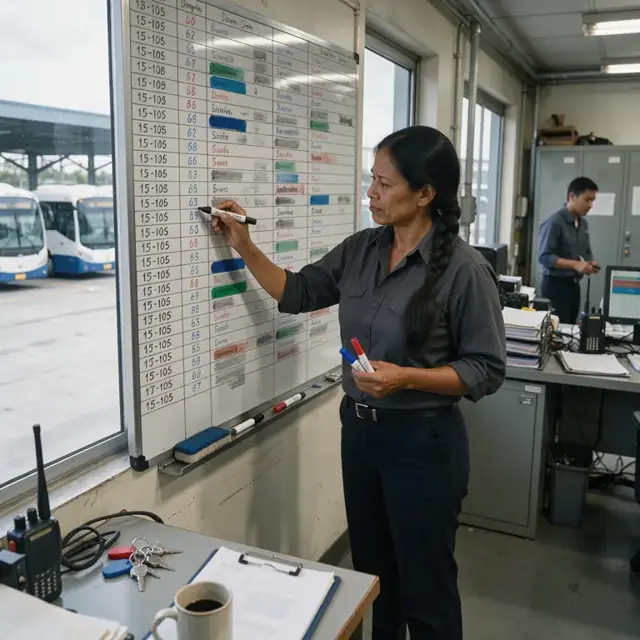a worker marking vehicle and driver assignments on a large dry-erase board showing multiple bus routes and times