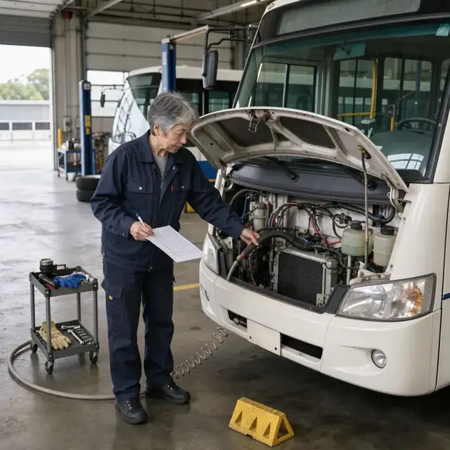 a worker performing a pre-trip inspection on a large transit bus with the hood open and checklist in hand inside a garage