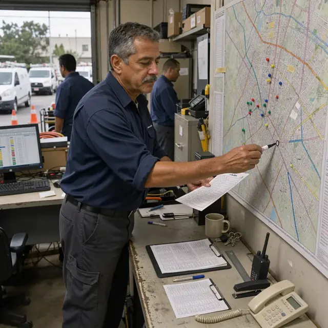 a worker at a dispatch desk reviewing printed trip sheets and marking addresses on a large wall map