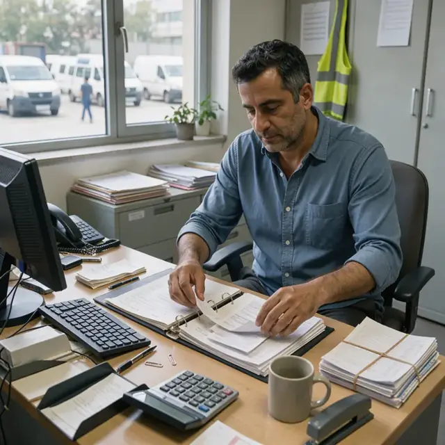 an office worker organizing trip logs and receipts at a desk with passenger vans visible through a window