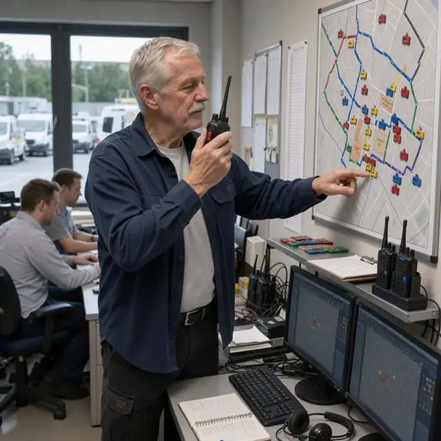 a dispatcher monitoring vehicle positions on a wall-mounted map while holding a two-way radio in an operations office