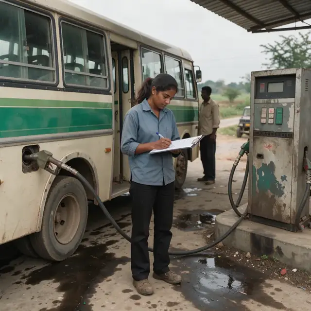 a worker recording mileage and fuel amount on a clipboard while standing beside a rural transit bus at a diesel pump