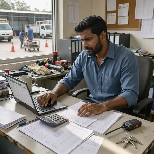 a worker at a desk reviewing printed trip logs and entering figures into a spreadsheet next to a calculator