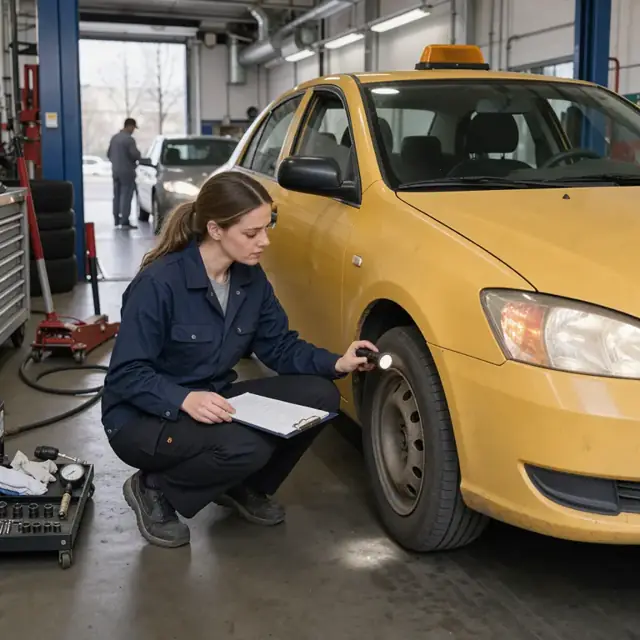 a worker with a clipboard performing a visual check of a taxi's tires, lights and exterior in a service bay