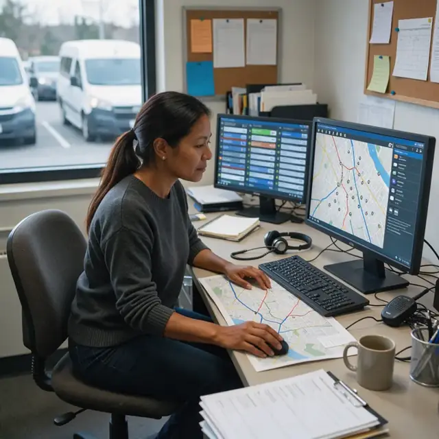 a dispatcher at a desk reviewing ride request details on a screen with a city map showing current vehicle locations