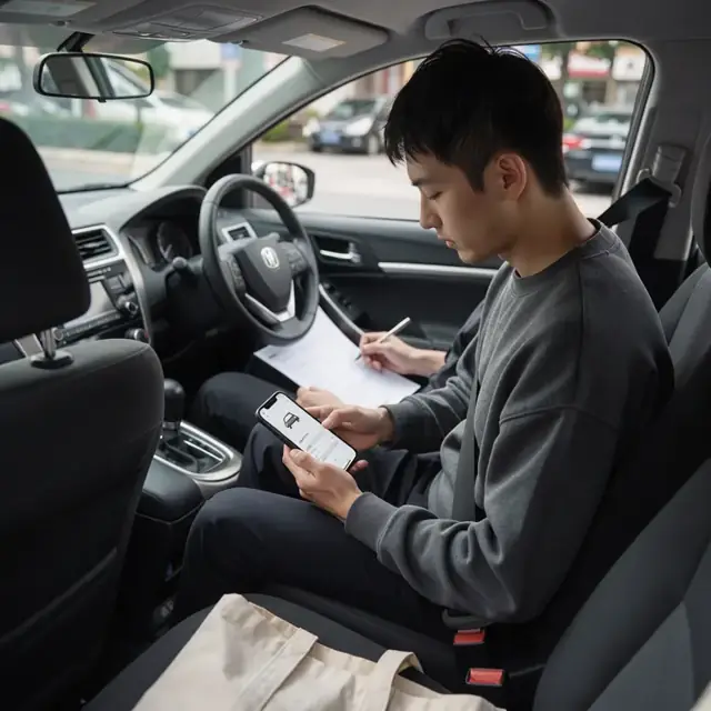 a passenger sitting in the back seat of a clean sedan looking at a ride receipt on their phone while the driver completes paperwork in the front