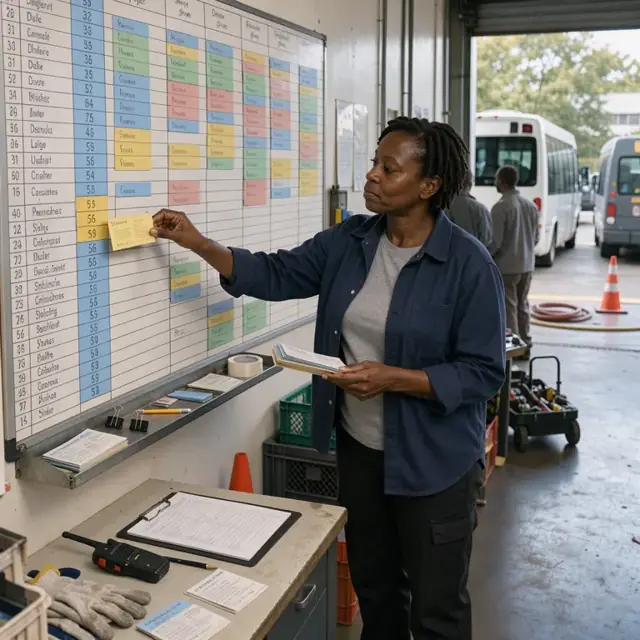 a planner arranging colored shift cards on a large wall board showing driver names and vehicle numbers