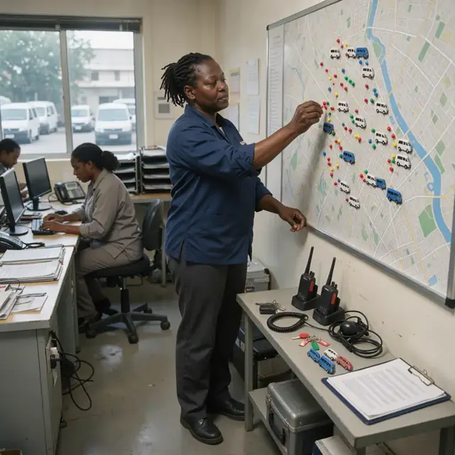 a dispatcher standing beside a large wall-mounted city map marking pickup points with colored pins and vehicle magnets