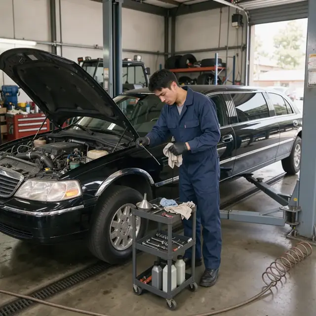 a mechanic in a service bay checking fluid levels under the hood of a black stretch limousine on a lift