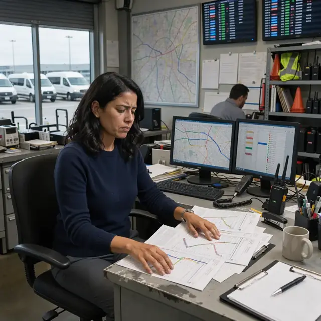 a planner reviewing printed route sheets and flight arrival boards at a dispatch desk with a city map in background