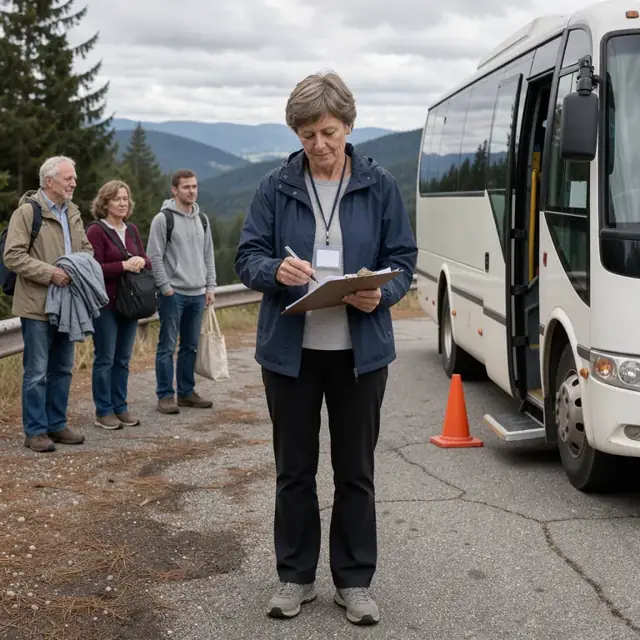 a tour guide holding a clipboard and checking names on a passenger list while a charter bus waits at a scenic overlook