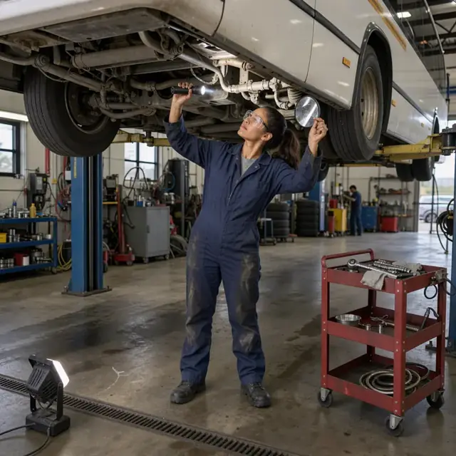 a mechanic in a garage using a flashlight to inspect the underside of a raised charter bus with tool cart nearby