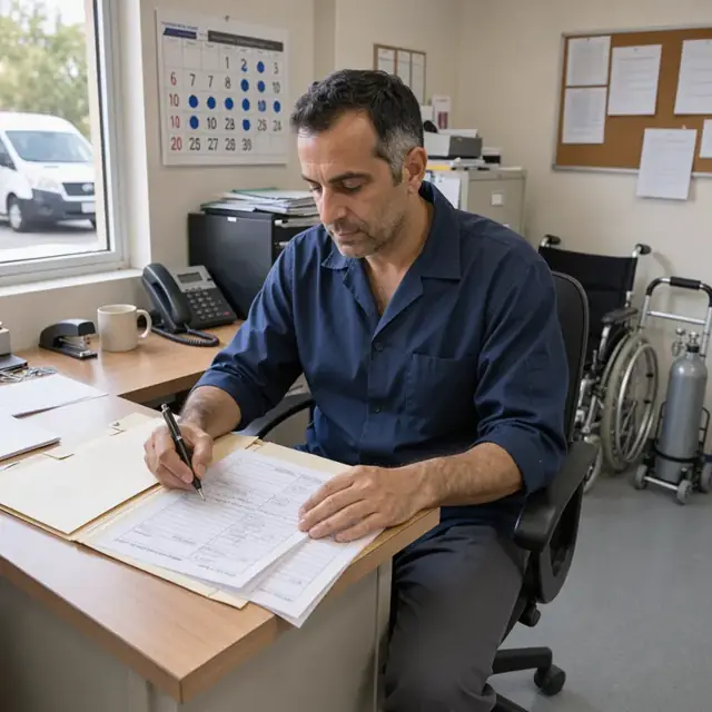 a worker at a desk reviewing client intake forms next to a wall calendar showing recurring medical transport days