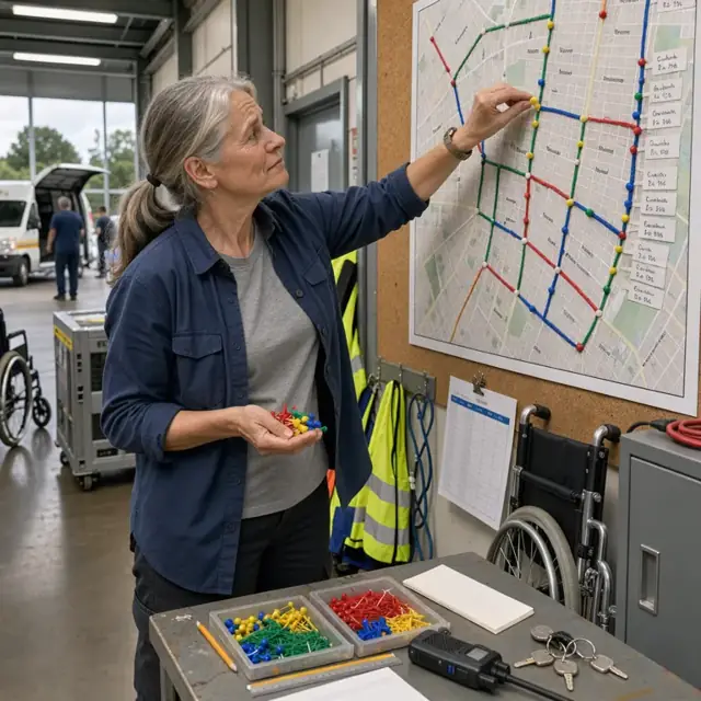 a worker marking trip times on a large wall map with colored pins representing wheelchair accessible routes across a city
