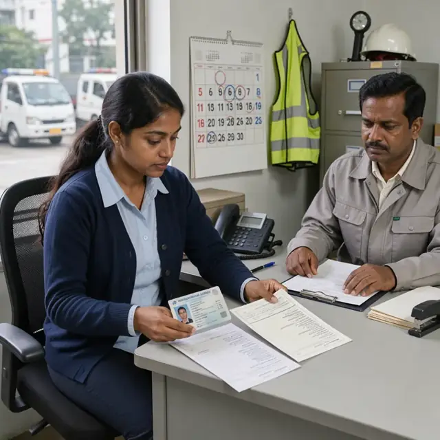 a supervisor in a small office checking a commercial driver license and medical certificate against a wall calendar of due dates