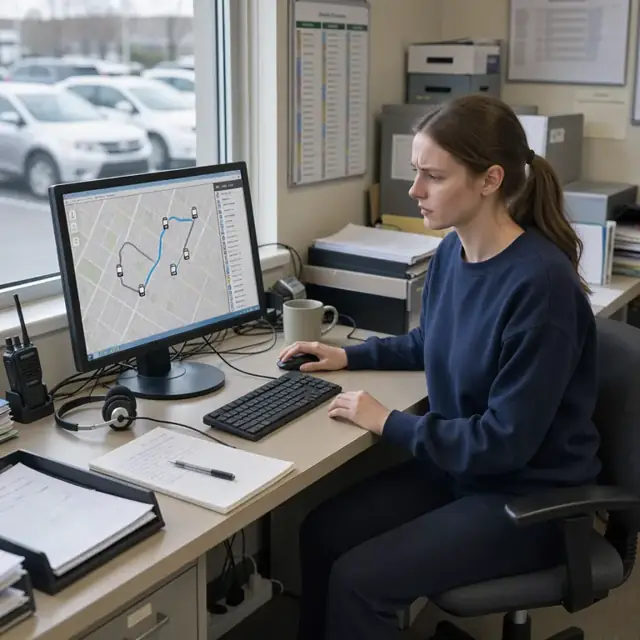 a dispatcher seated at a desk reviewing a computer screen showing passenger pickup addresses and vehicle icons on a city map