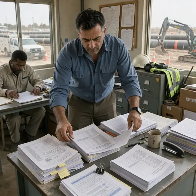 a coordinator organizing stacks of pipeline inspection reports and regulatory forms on a desk in a field office