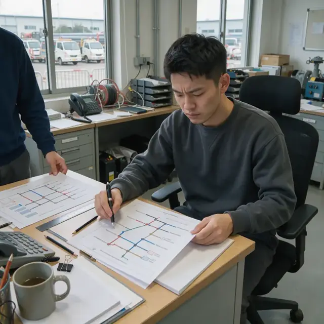 a scheduler at a desk with printed pipeline system maps and flow diagrams spread across the table