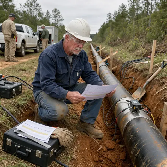 a technician reviewing pipeline integrity data printouts next to a section of exposed pipe in a right-of-way