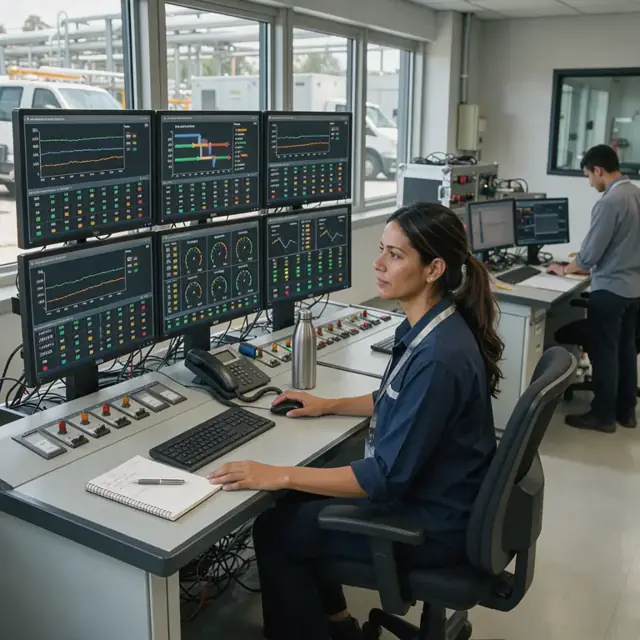 a technician in a control room watching multiple large screens displaying pipeline pressure trends and valve statuses
