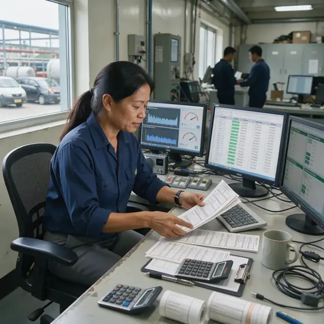 a worker in a control room comparing printed meter tickets against a digital batch report at a desk with multiple monitors