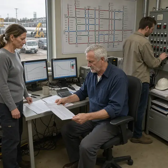 a control room desk with printed nomination forms spread beside a large pipeline system map on the wall