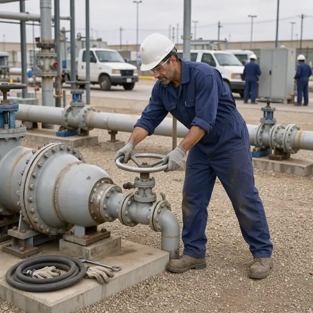 a pipeline operator in coveralls adjusting a pig launcher valve on a section of above-ground pipe at a pumping station