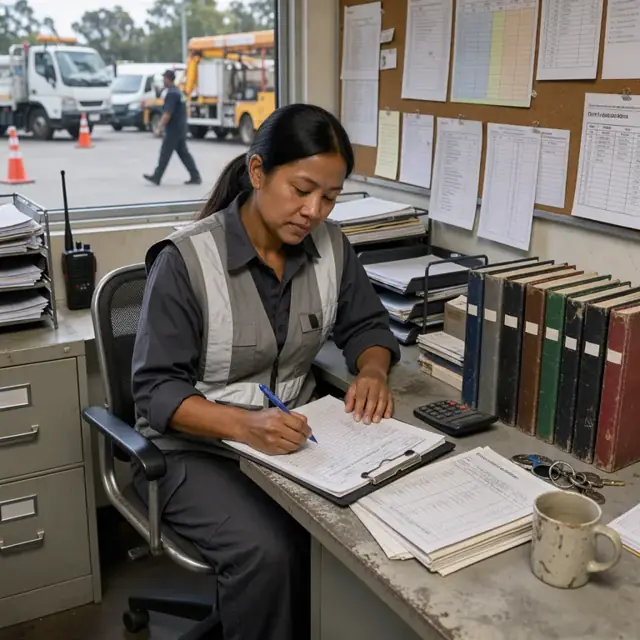 a worker in a small office updating a clipboard with daily vehicle inspection logs and driver hour records beside a row of logbooks