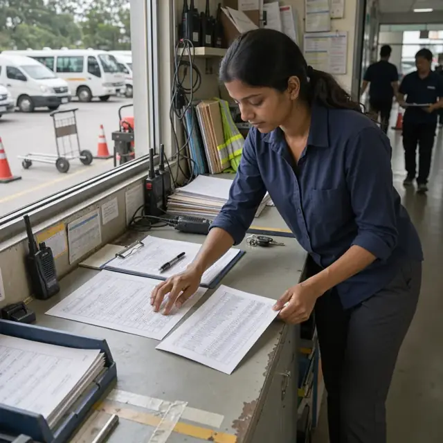 a worker at a dispatch desk reviewing printed tour schedules and passenger lists spread across a counter